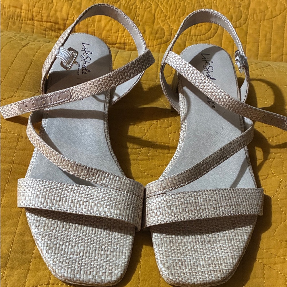 Life Stride Beige Strappy Woven Flat Sandals